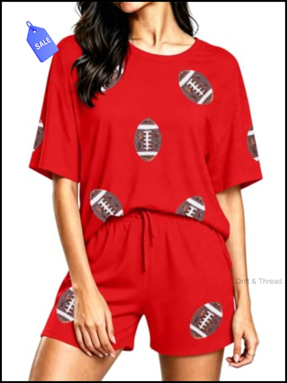 Womens Sequin Football Shirt & Shorts 2 Piece Set Matching Game Day